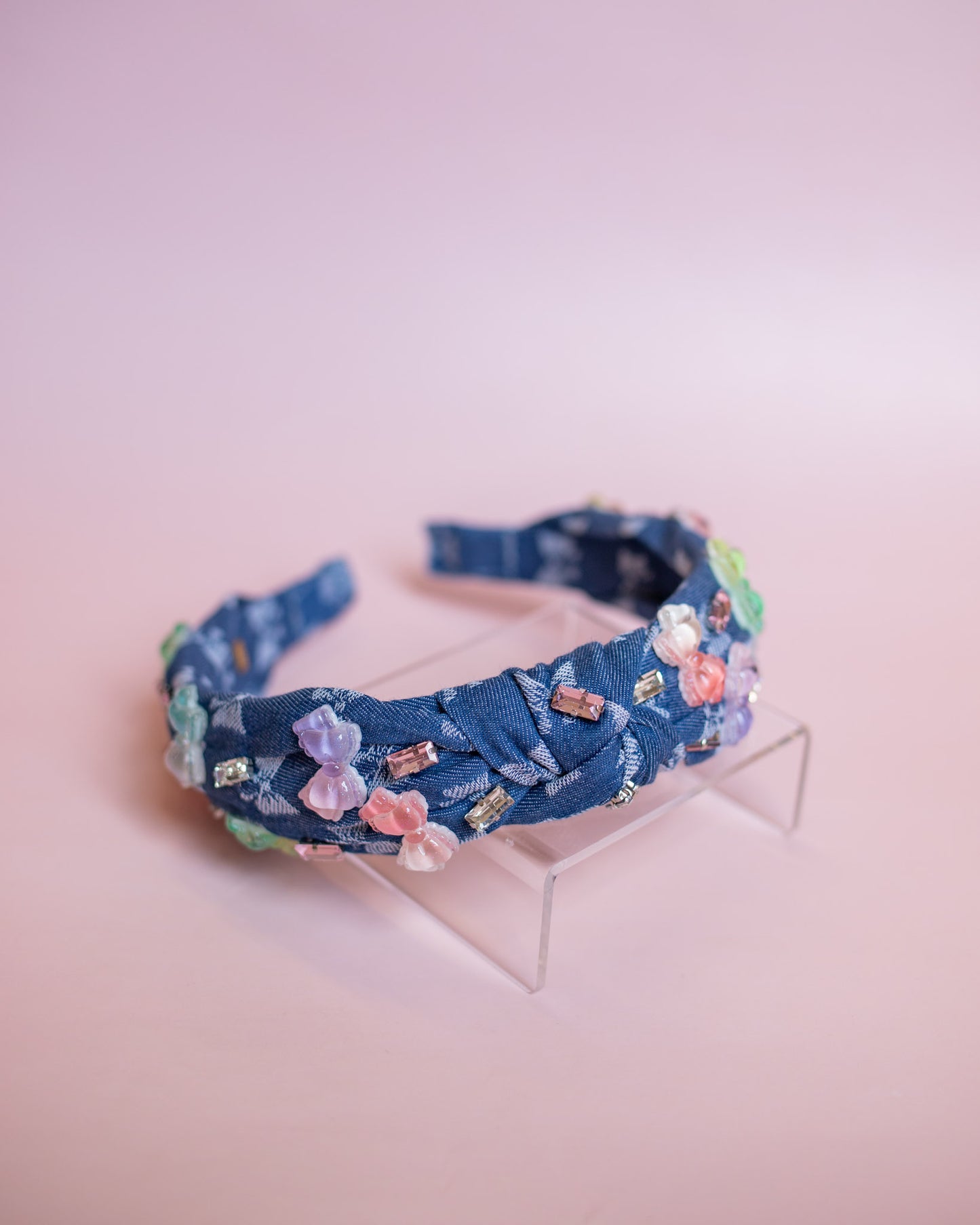 Denim Bow Charm Knot Headband