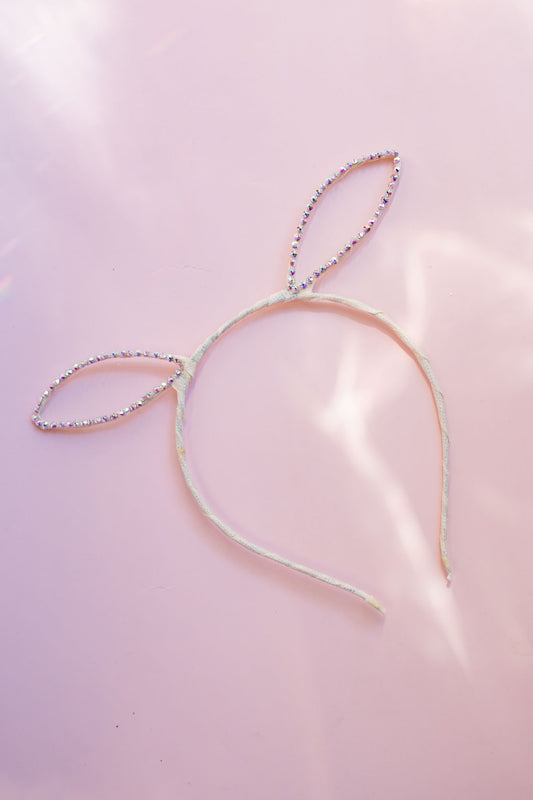 Thin Rhinestone Bunny Ear Headband | Ivory