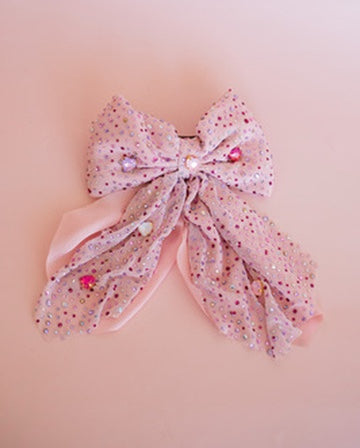 Heart Jeweled Tulle Bow Clip | Pink