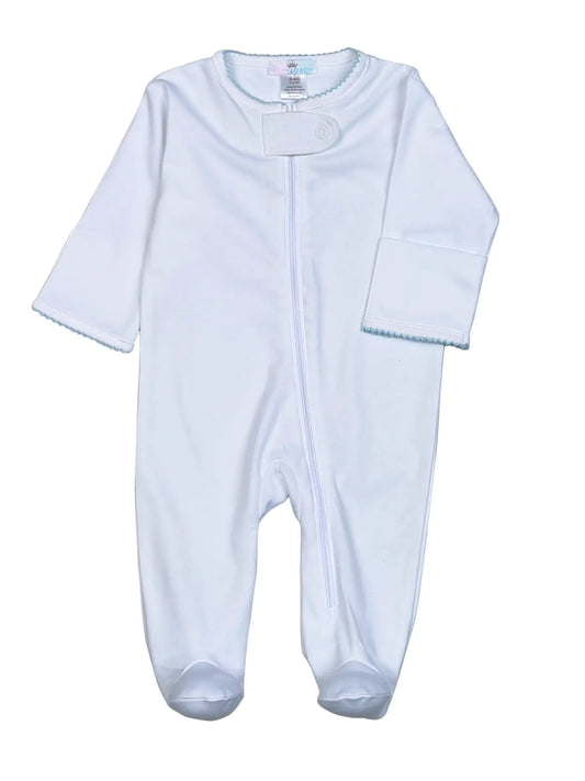 White Pima Zipper Footie | Blue Picot Trim