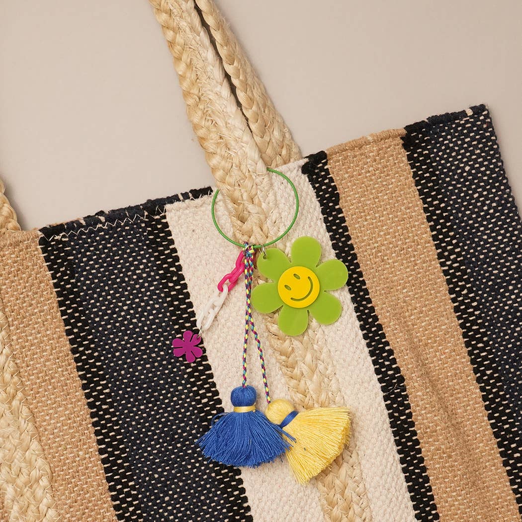 Happy Face Flower Color Tassel Keychain | Fuschsia