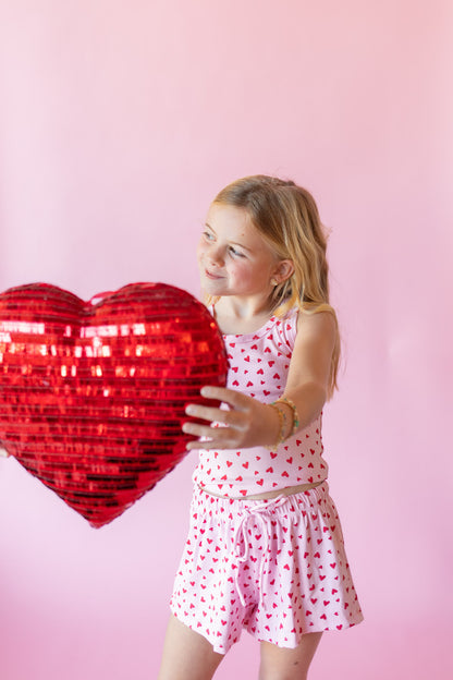 Heart Print Ribbed Short | Pink + Red