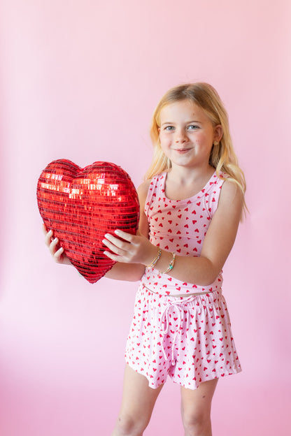 Heart Print Ribbed Short | Pink + Red
