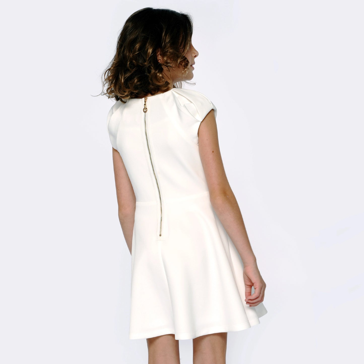 Fit & Flare Scuba Dress with Pleated Neckline | White