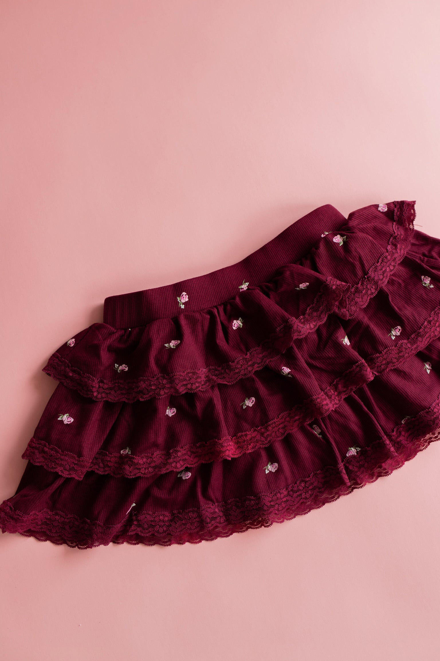 Rib Lace Trim Tiered Skirt | Maroon Ditsy