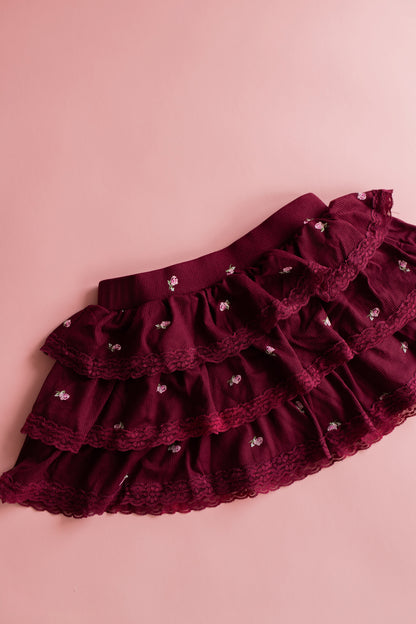Rib Lace Trim Tiered Skirt | Maroon Ditsy