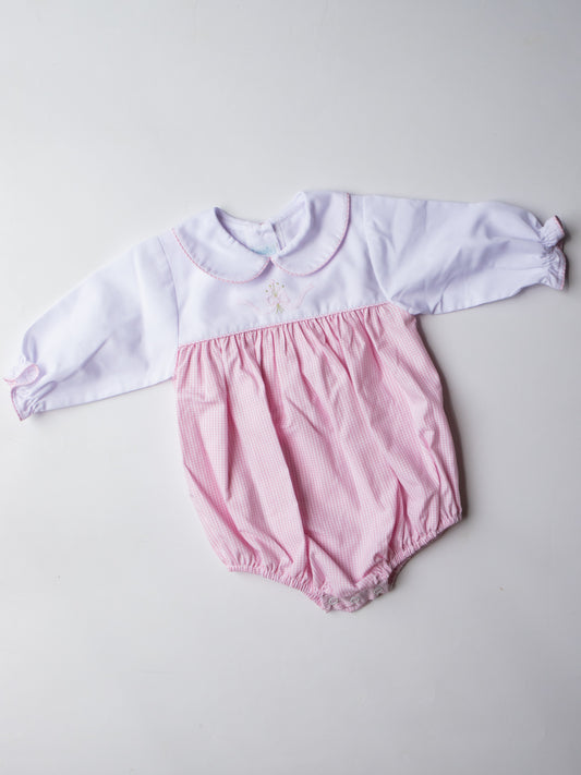 Long Sleeve Embroidered Ribbon Bubble | Pink Check