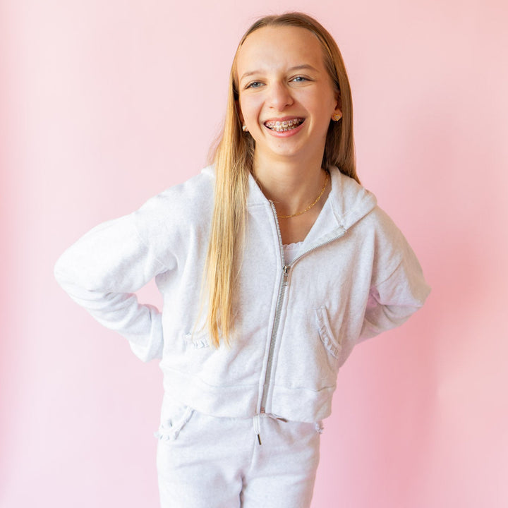 Ruffle Pocket Zip Sweatshirt | Light Misty Grey