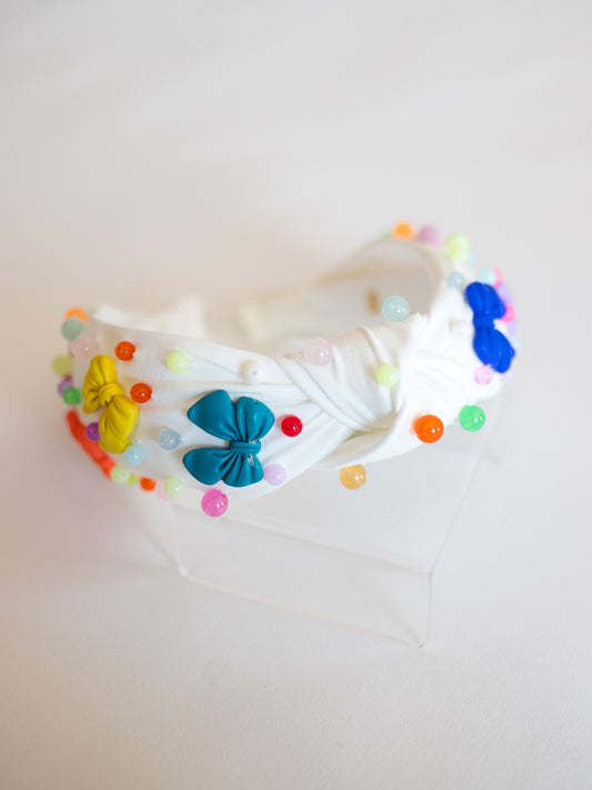 Bow Charm Knot Headband | White + Rainbow