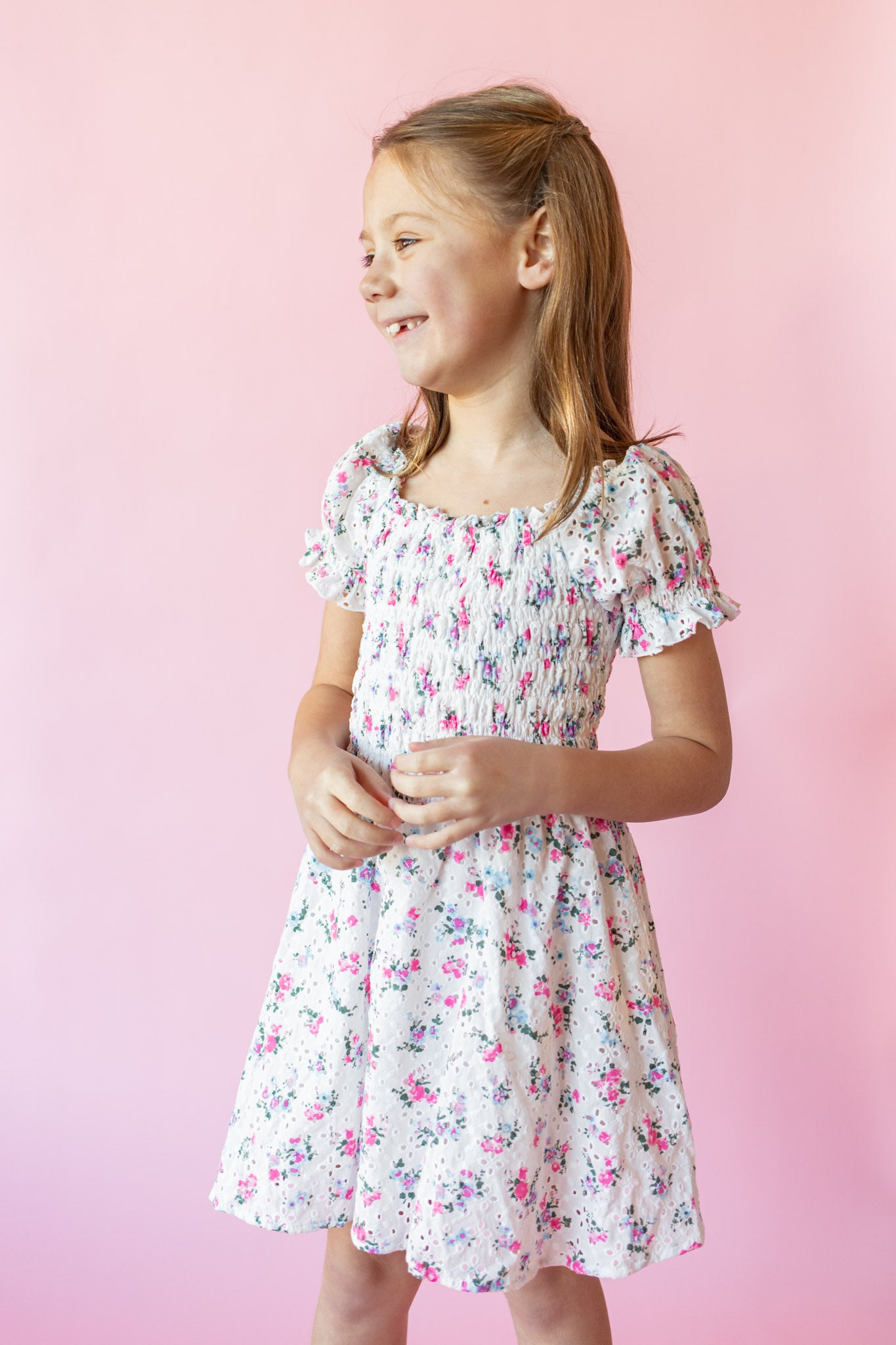 Eyelet Puff Sleeve Dress | White Multi Floral