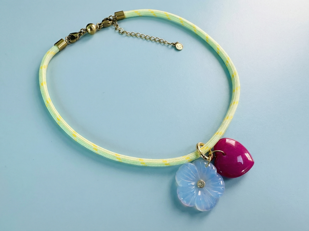 Cord Necklace | Yellow w/ Flower + Heart Charms