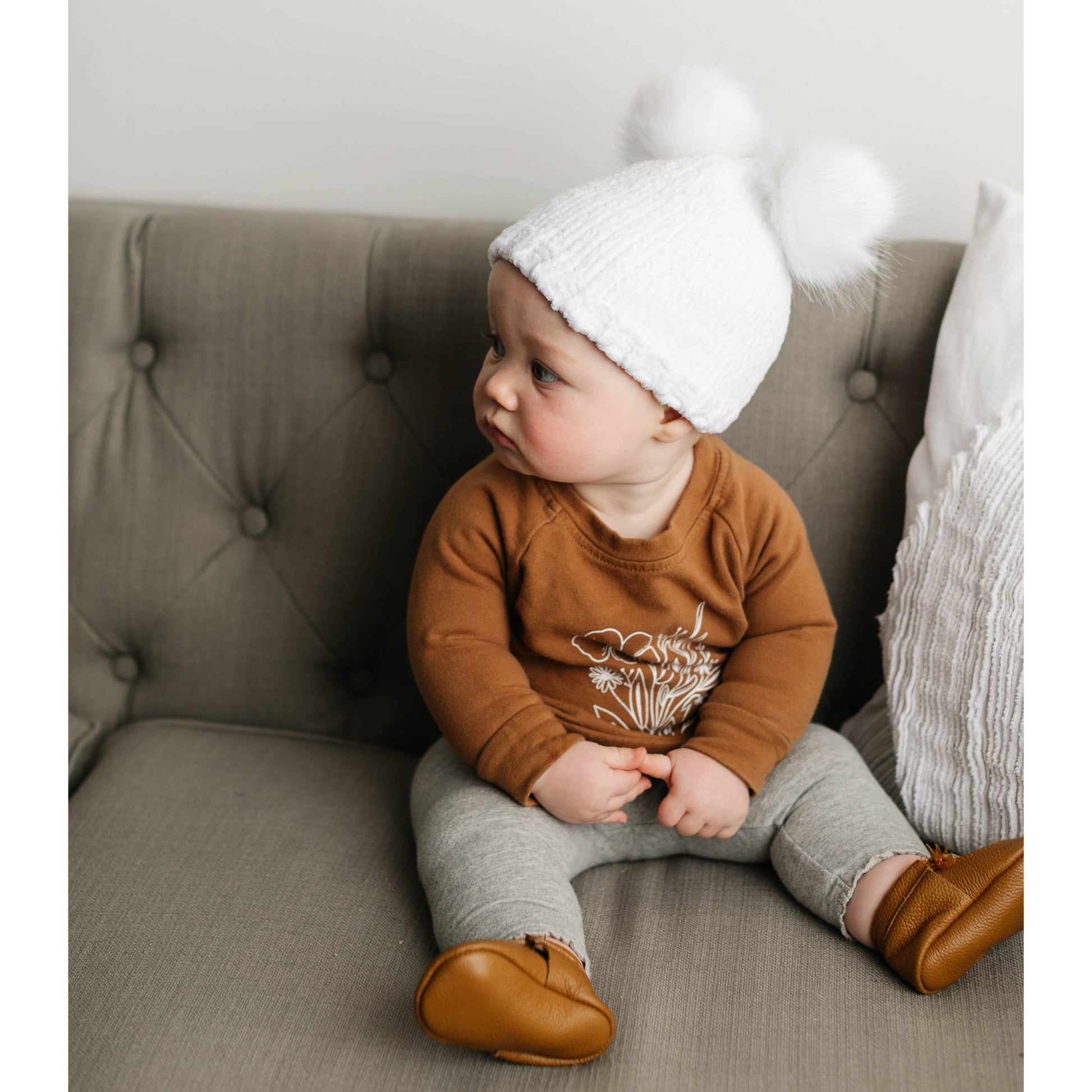 Chenille Double Pom Beanie Hat | Snowy White