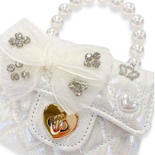 Embellished Bow Shiny Quilted Purse | White