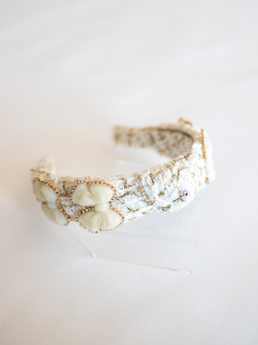 Tweed Beaded Bow Knot Headband | White + Gold