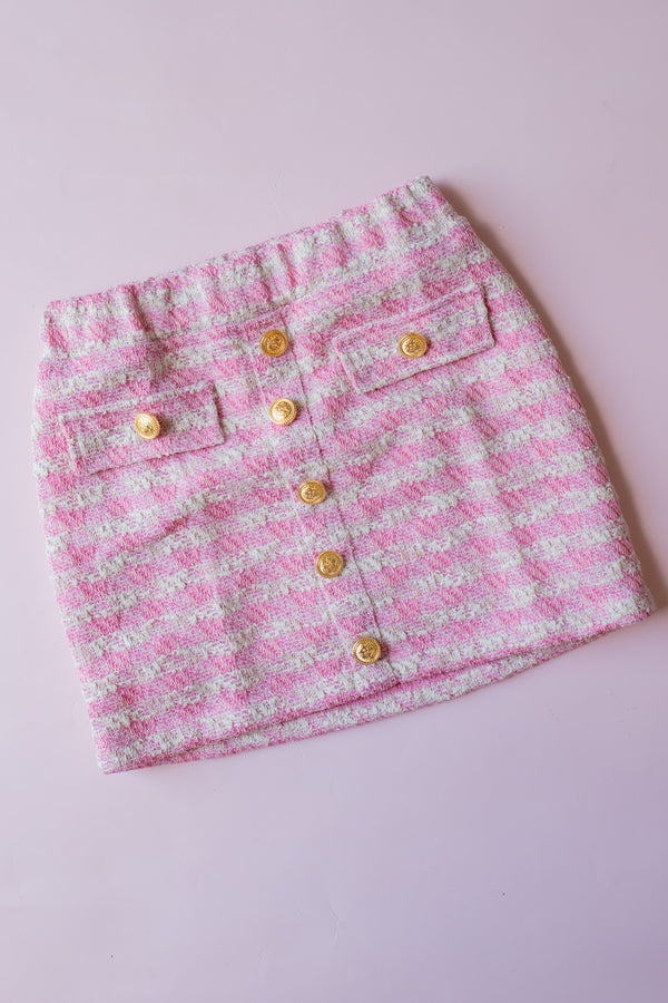 Gold Button Tweed Skirt | Pink