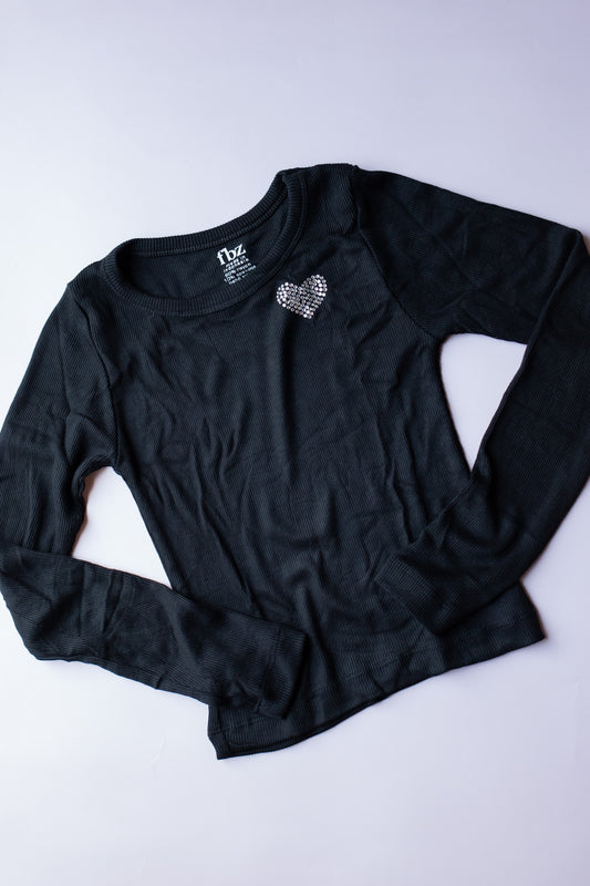 Rhinestone Heart Long Sleeve Tee | Black