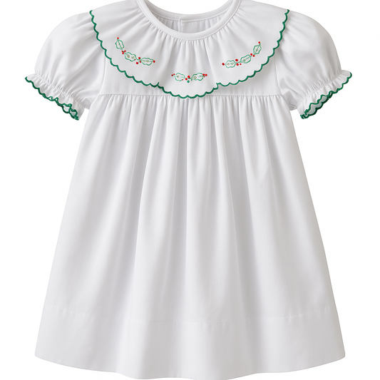 Holly Embroidered Dress | White & Green