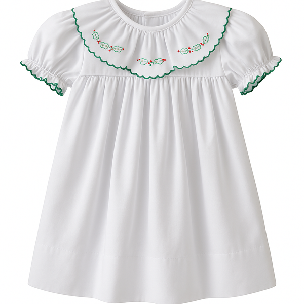 Holly Embroidered Dress | White & Green