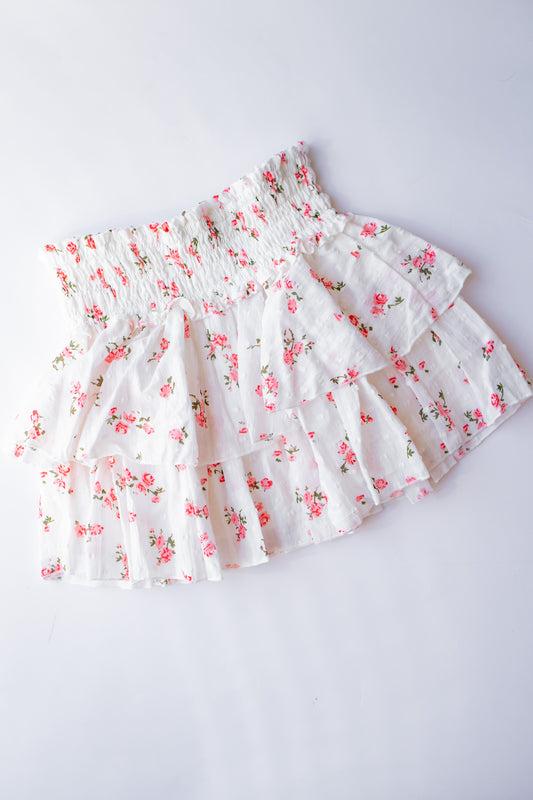 Tiered Smock Waist Skirt | White Floral Dot