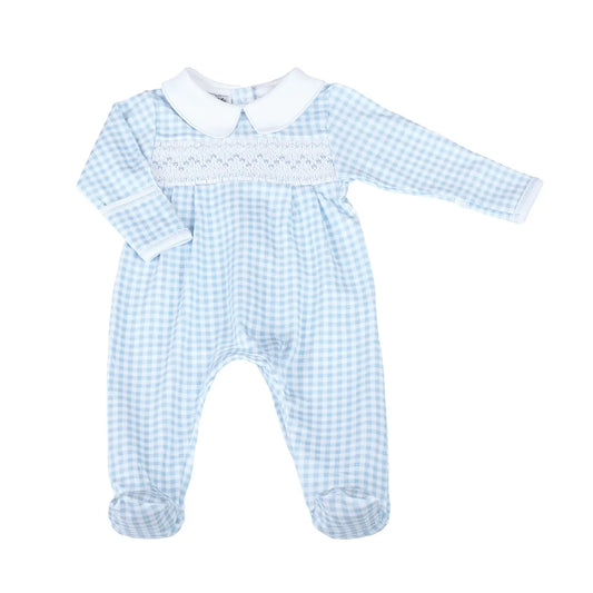 Mini Checks Smocked Collared Footie | Blue