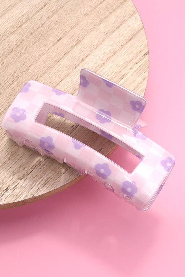 Daisy Checker Rectangular Claw Clips | Pink