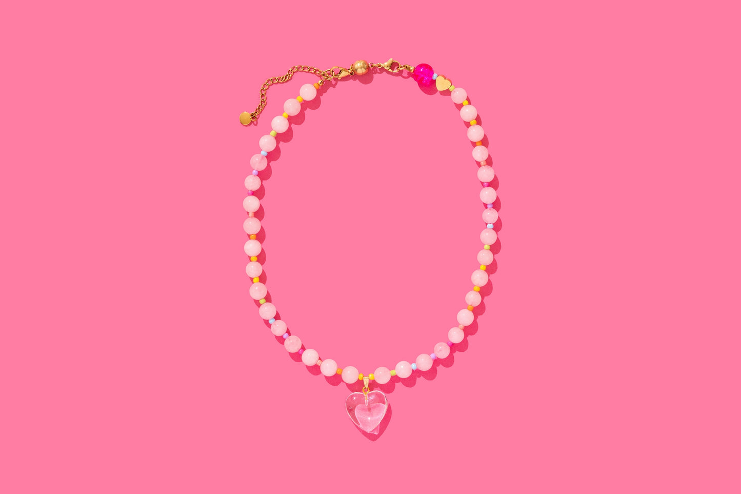 Beaded Necklace - Pink + Multi-Color W/Dangle Heart - Lottie