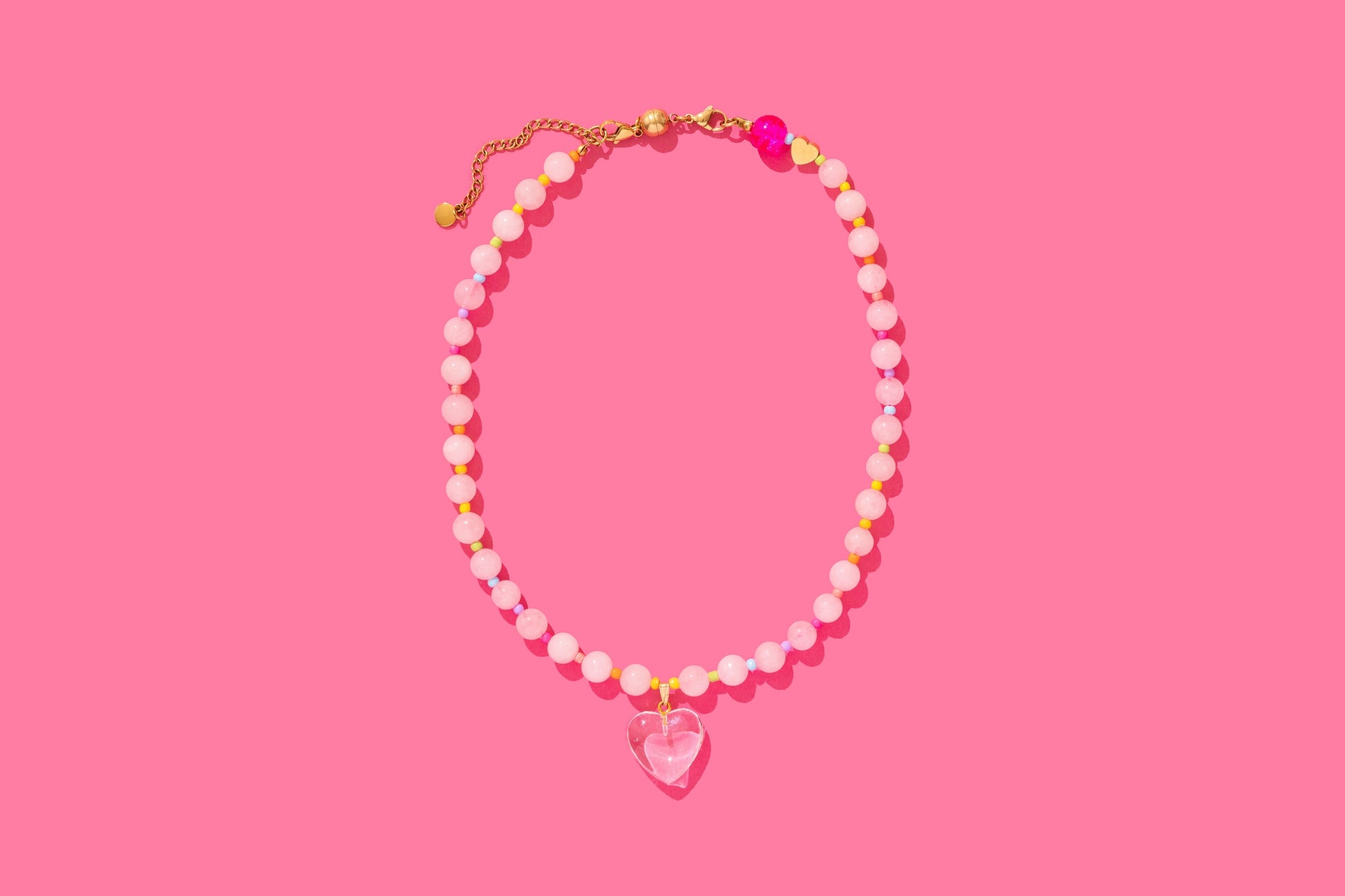 Beaded Necklace - Pink + Multi-Color W/Dangle Heart - Lottie