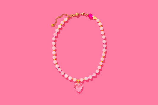 Beaded Necklace - Pink + Multi-Color W/Dangle Heart - Lottie