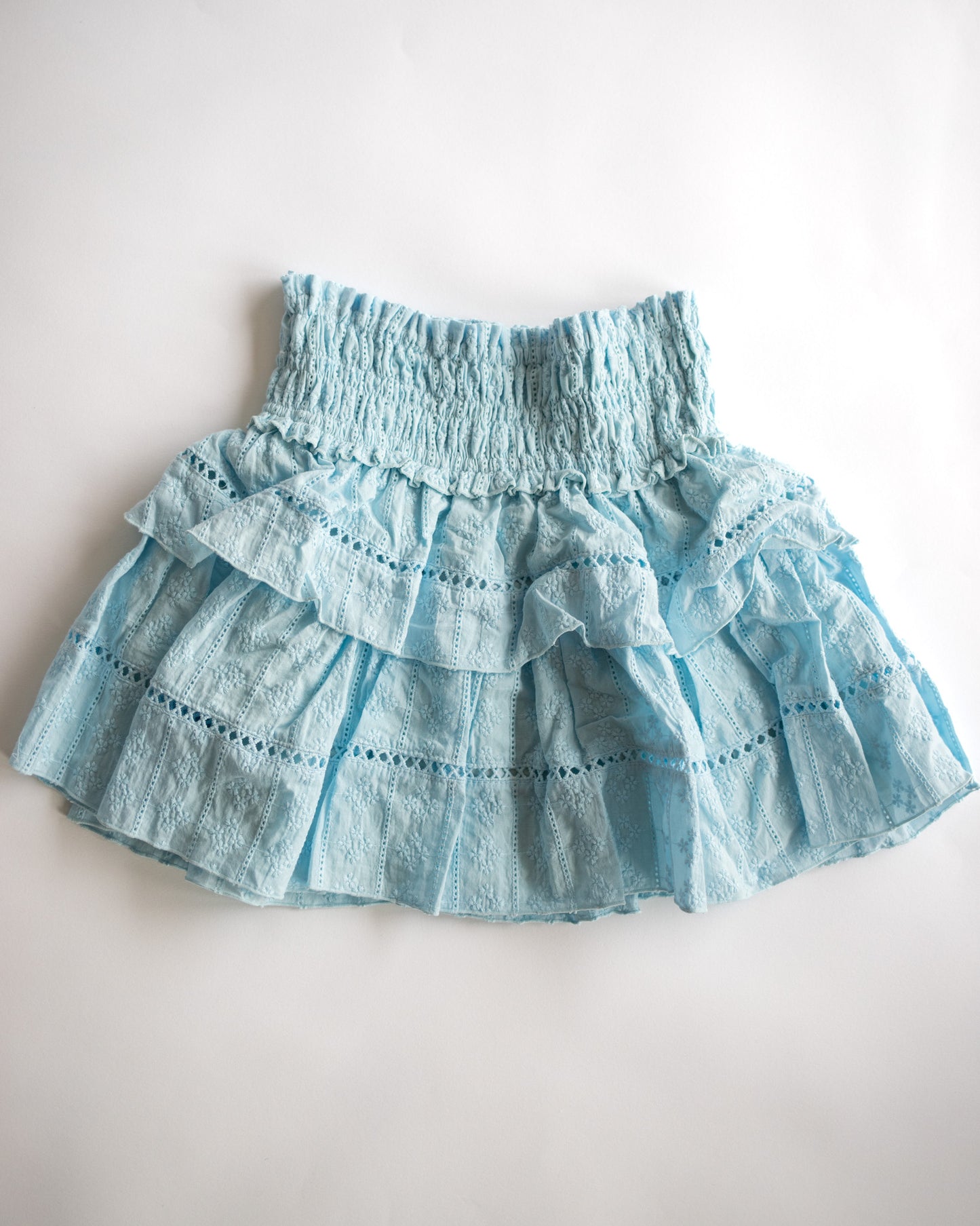 Blue Embroidered Smocked Ruffle Skirt