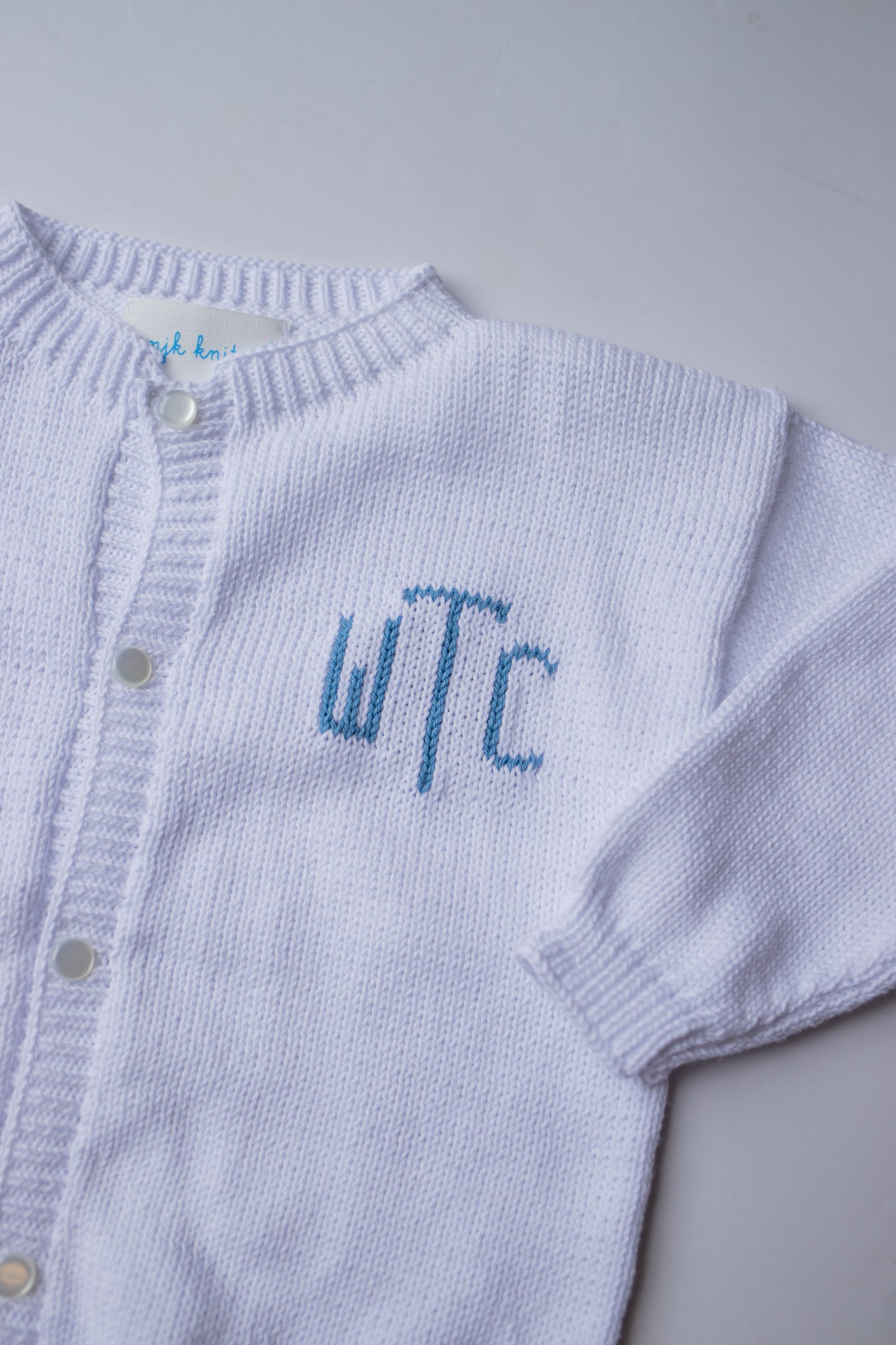Custom Knit Monogram Cardigan | White with Denim Blue