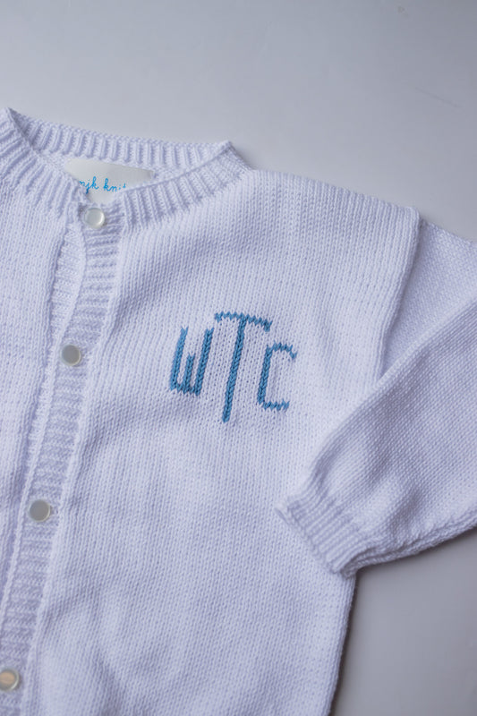 Custom Knit Monogram Cardigan | White with Denim Blue