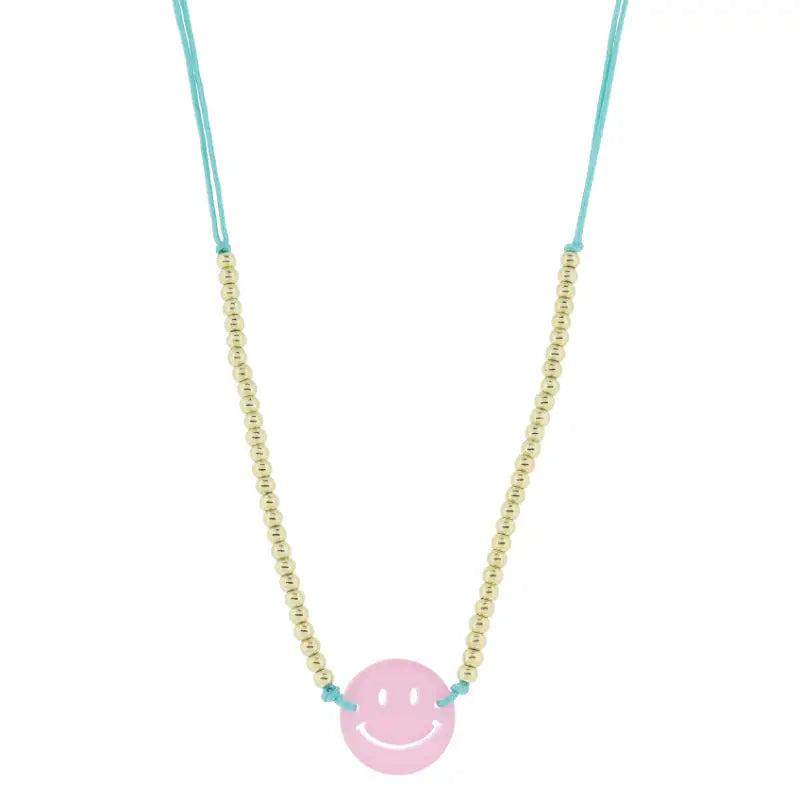 Turquoise Cord Beaded + Acrylic Smiley Necklace