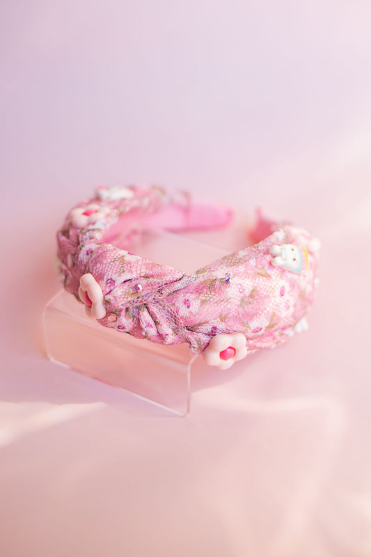 Bunnies and Flowers Charm Knot Headband | Pink Lace