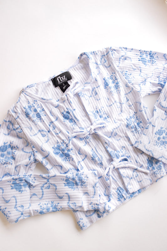Tie Front Ribbed Long Sleeve | Blue Bow Toile