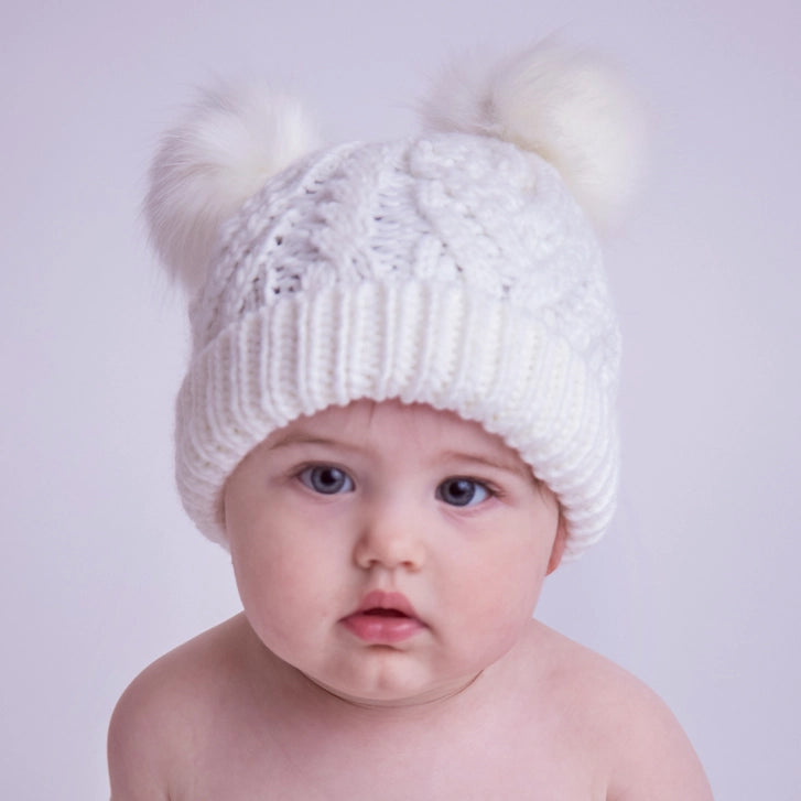 Double Pom Fluffer Beanie Hat | Winter White