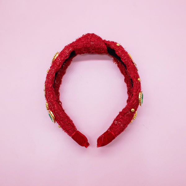 Kid's Embellished Christmas Charm Knot Headband | Red Tweed