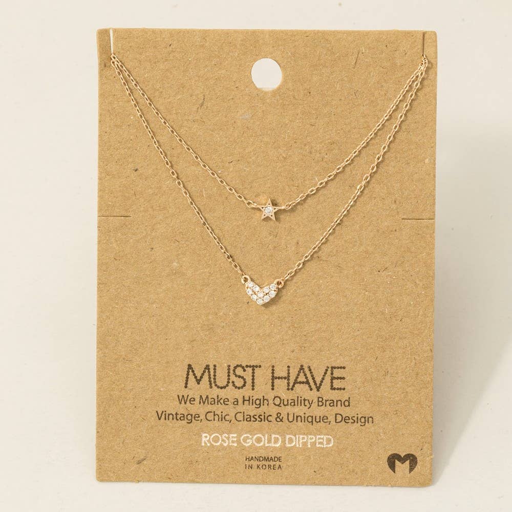 Gold Dipped Layered Chain Pave Heart Star Necklace