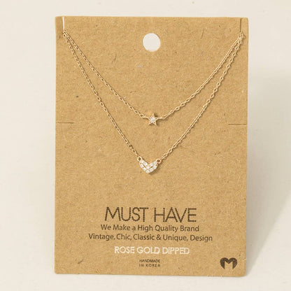 Gold Dipped Layered Chain Pave Heart Star Necklace