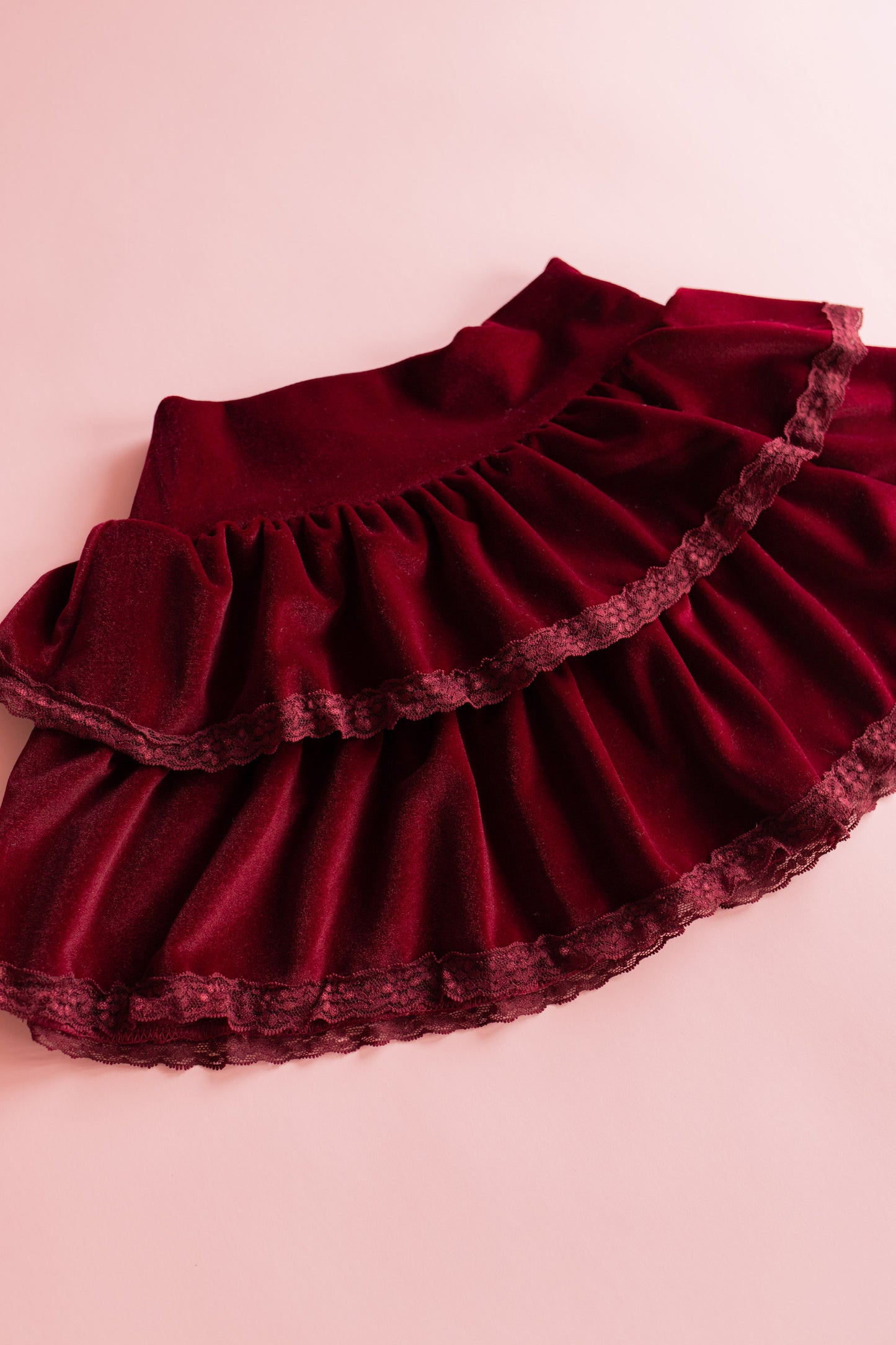 Velvet Lace Trim Tiered Skirt | Maroon