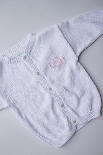 Custom Knit Monogram Cardigan | White with Light Pink