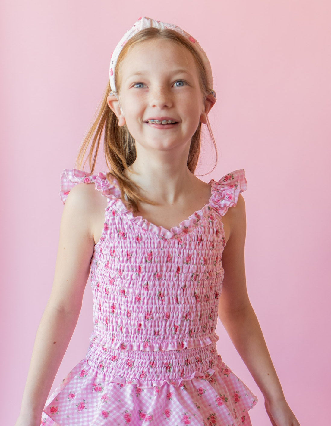 Pink Gingham Floral Tiered Skirt