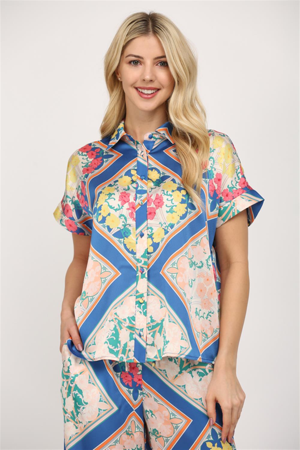 Scarf Print Satin Short Sleeve Pant Set | Royal Multi