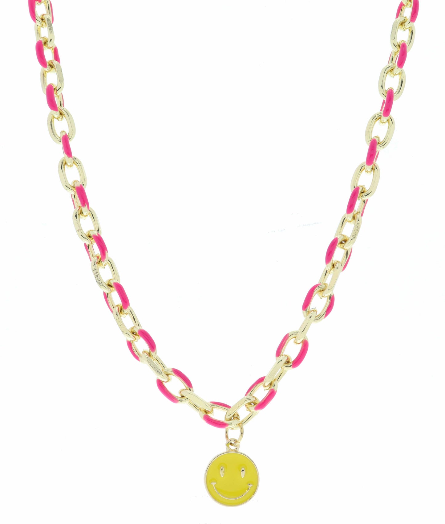 Yellow + Hot Pink Chain Happy Face Necklace