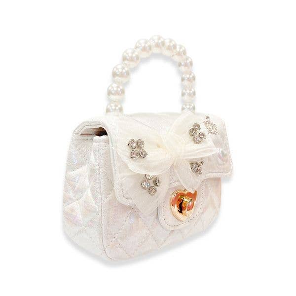 Embellished Bow Shiny Quilted Purse | White