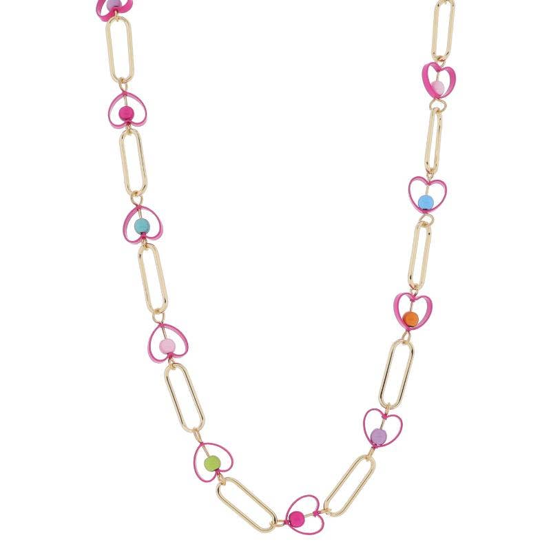 Gold Paperclip Links with Hot Pink Hearts Necklace