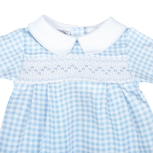 Mini Checks Smocked Collared Footie | Blue