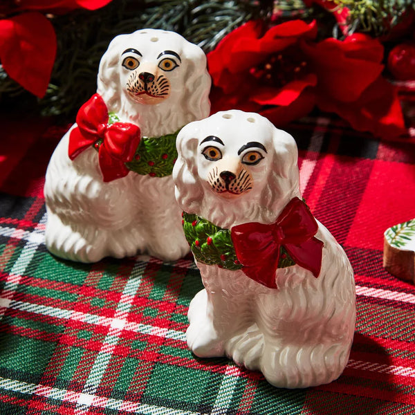 Holiday Hound Staffordshire Dog Salt + Pepper Shaker Set