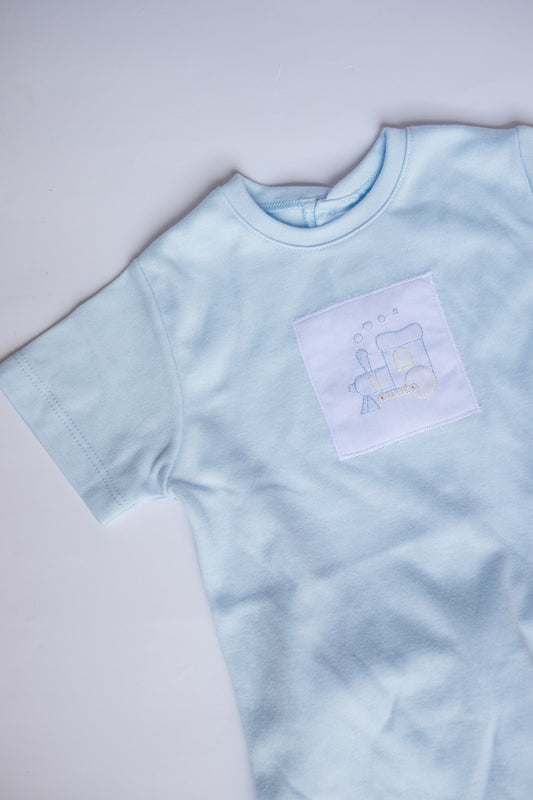 Knit Train Embroidered Set | Blue