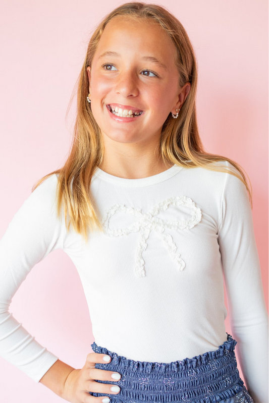 Lace Bow Ribbed Long Sleeve | Off White
