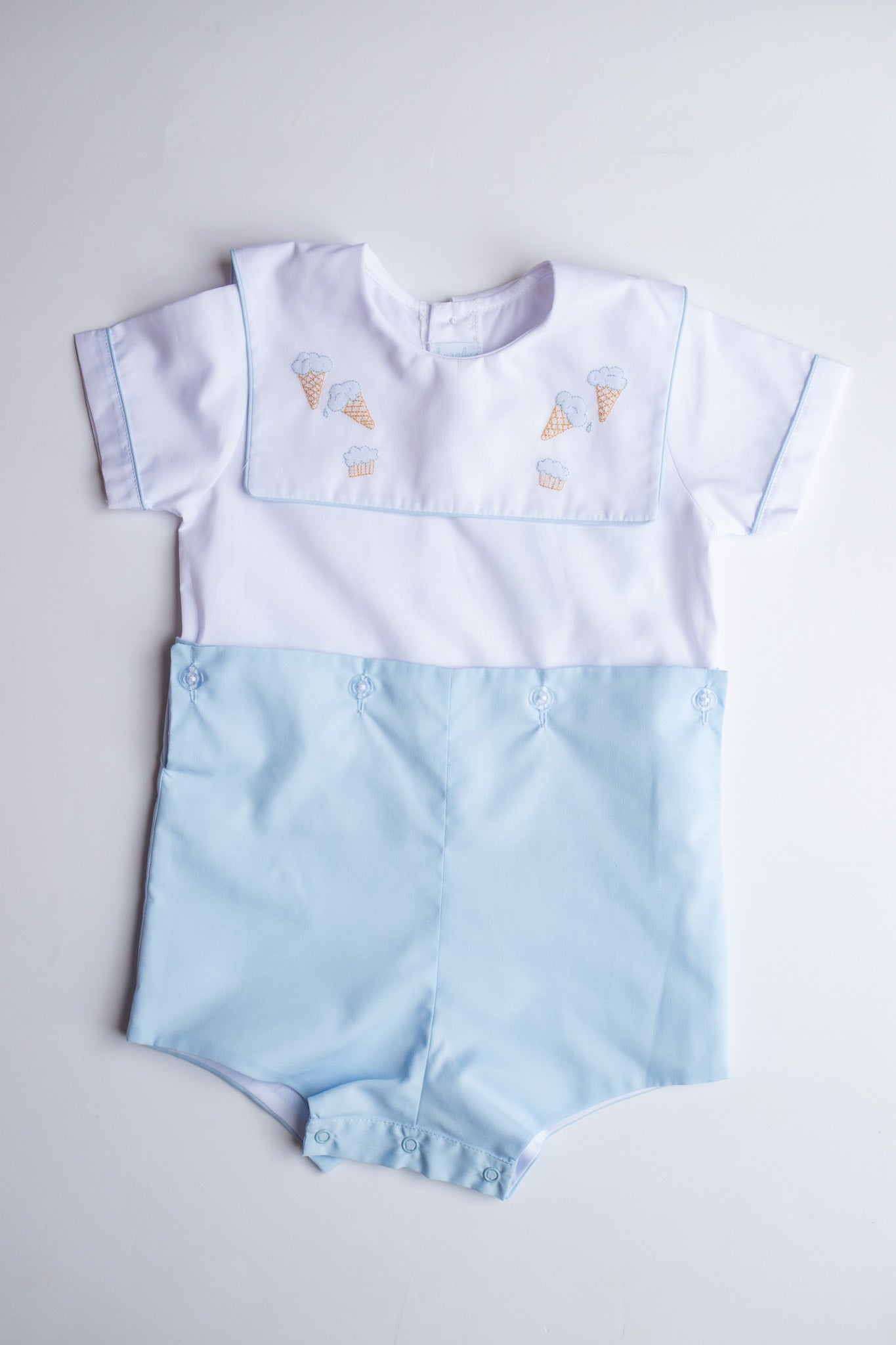Ice Cream Embroidered Boysuit | White/Blue